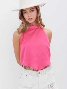 Rhinestone Fringe Halter Crop Top - Fuchsia